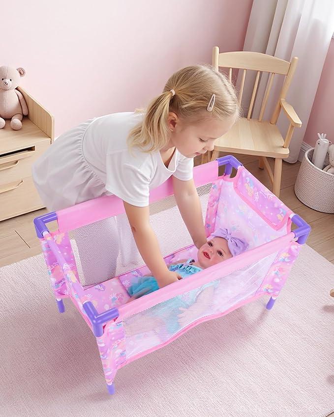 BABESIDE Baby Doll Crib Playset with Bedding & Accessories, Portable Baby Doll Crib for 18 Inch Dolls, Pretend Play Gift for Girls