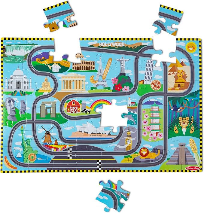 Melissa & Doug Race Around the World Tracks Cardboard Jigsaw Floor Puzzle and Wind-Up Vehicles (48 Pcs) for Preschoolers and Kids Ages 4+