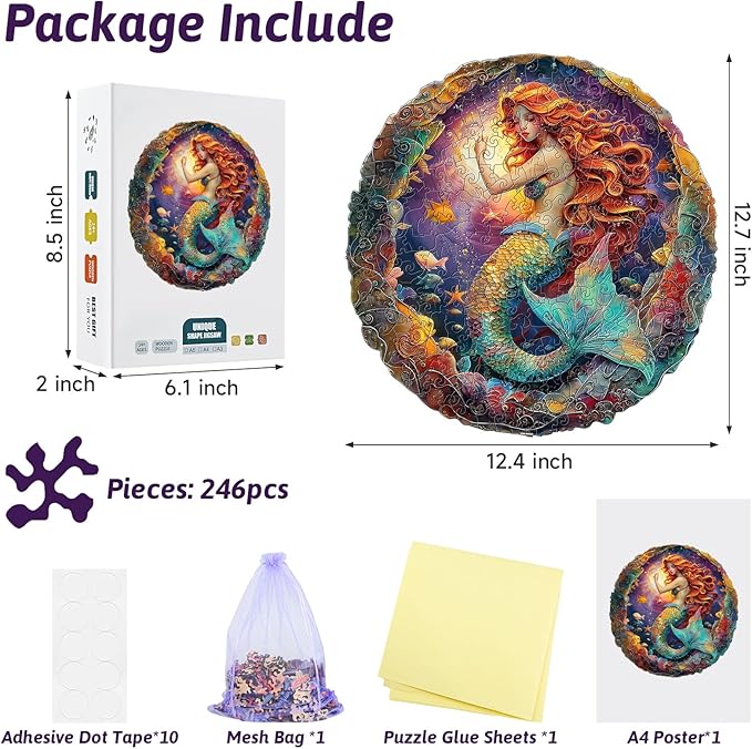 246 Piece Enchanted Mermaid Round Wooden Jigsaw Puzzle for Adults - 12.7 x12.4’’ Vibrant Ocean Fantasy Puzzle, Relaxing Family Activity, Unique Gift for Mermaids & Mythology Lover (Mermaid)