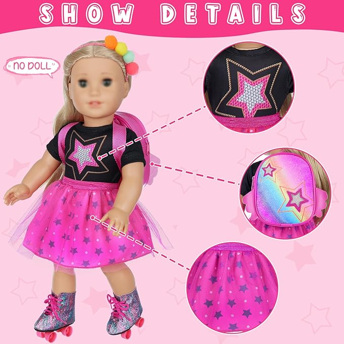 18 Inch Girl Doll Clothes & Accessories - Dress, Bag, Skating Shoes, Headband, Mobile Phone