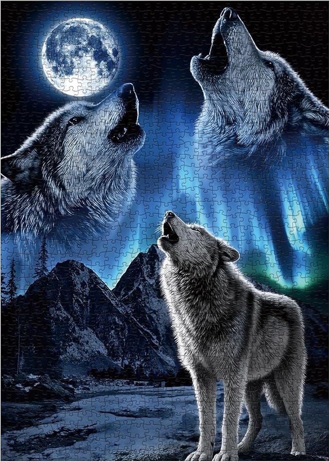 Art Northern Lights Wolf Puzzles for Adults 1000 Pieces, Magic Aurora Animal Landscape Jigsaw Puzzles, Challenging Scenic Moon Mountain Puzzle