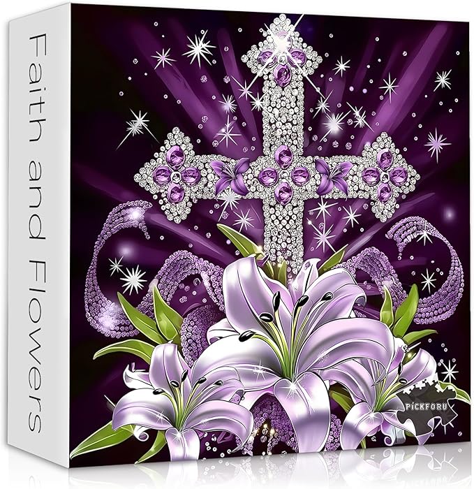 Cross Flowers Puzzle for Adults 1000 Pieces, Christian Easter Puzzles Purple Lilies, Religious Faith Jigsaw Puzzle Floral Art, Easter Catholic Wall Decor