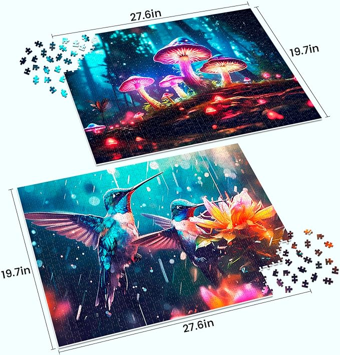 Edsjegn 2 Pack 1000 Piece Puzzle for Adults Jigsaw Puzzles 1000 Pieces 2000 Piece Puzzles for Adults Hummingbird Mushroom Jigsaw Puzzles White Elephant Gifts
