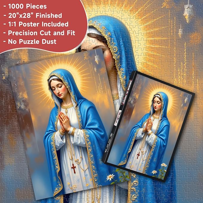 Blessed Virgin Mary 1000 Piece Jigsaw Puzzle for Adults - Inspirational Religious Scene with Halo & Rosary, Poster & Lettered Back, 20"x28" Vertical HD Quality, Unique Gift for Believers