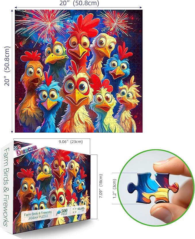 500 Piece Jigsaw Puzzle for Adults, Colorful Cartoon Chickens with Fireworks Design, Vibrant Family Puzzle Game, Fireworks Night Scene Art for Stress Relief