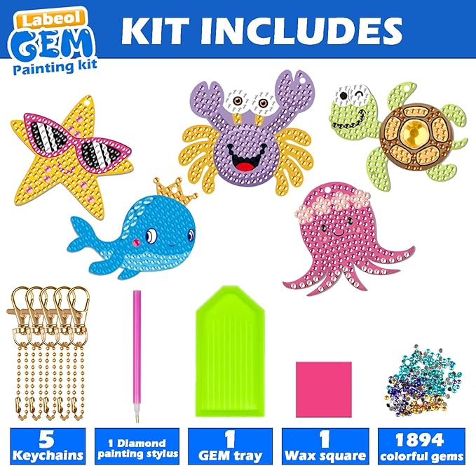Labeol Arts and Crafts for Kids Ages 8-12 - Creat Your Own GEM Keychains-5D Diamond Art by Numbers GEM Art Kits for Kids Girls Toddler Crafts Age 6-7 6-8 10-12 (Ocean)