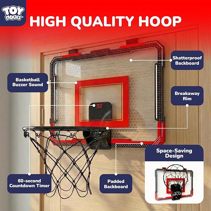 TOY Life Basketball Hoop Over The Door for Kids, Teens, Adults - Indoor Mini Hoop for Room, Office with 4 Balls - Basketball Goal
