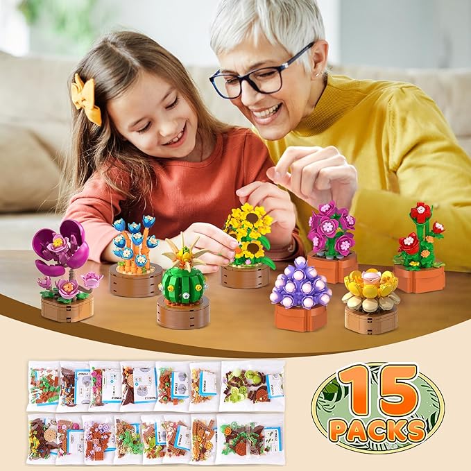 15 Pack Flowers Plants Mini Building Set - 1314PCS 3.6MM Flower Succulents Botanical Collection Block Toy for Home Office Décor, Easter Birthday Gifts for Adults Women Boys Girls 10+