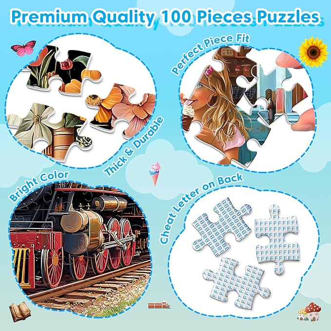 4 Packs 100 Piece Puzzle - Train Girl Vintage Books Boots, 100 Piece Puzzles for Adults Seniors Kids Puzzles for Kids Ages 4-6 6-8 8-10 Educational Jigsaw Puzzle 15"x11"