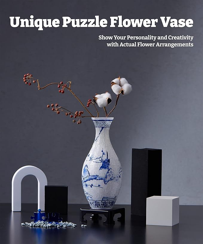 Pintoo 3D Puzzle Vase Unique Flower Vase Made by 160 Curved Plastic Puzzle Pieces House Warming Gift for Flower Arrangements and Home Decoration, for Mom [S1025] (Translucent, Magpies on Plum Tree)