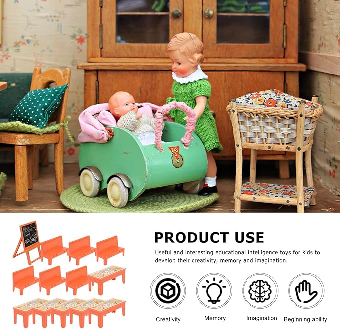 13pcs Mini School Desk for Dolls Classroom Furniture Table Chairs Chalkboard Model Dollhouse Playset Toy for Kids