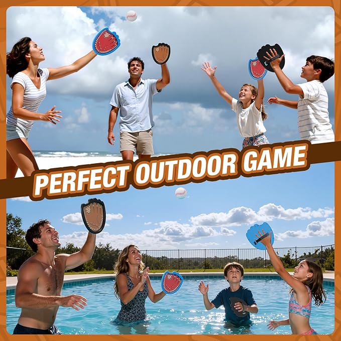 Toss and Catch Ball Game, Outdoor Toys for Kids, Beach Pool Yard Games for Teens & Family, Toddler Baseball Glove Birthday Gifts for 3 4 5 6 7 8+ Year Old Boys & Girls (4 Paddles & 6 Balls)