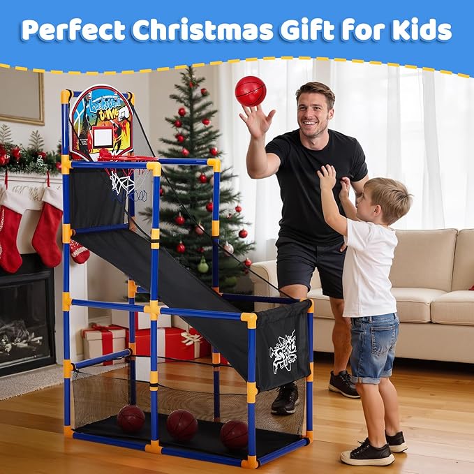 Basketball Arcade Game Set with 4 Balls – Indoor & Outdoor Basketball Hoop and Dart Game, Height Adjustable Sports Toy with Ball Return Ramp for Boys & Girls Ages 3+