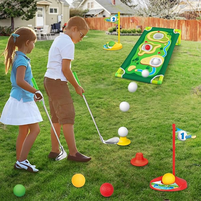 Letapapa Toddler Golf Set, Golf Clubs Length Adjustable with Mat & Golf Cornhole, Upgraded Kids Golf Clubs with 8 Balls, Indoor & Outdoor Sports Toys Birthday Gifts for 3 4 5 6 Years Old Boys Girls