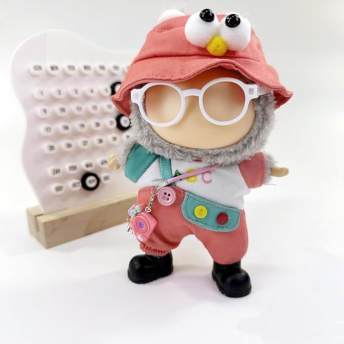 Stylish Adorable 17cm Dolls Clothes, 6PCS Doll Outfits Dress-Up with Hat + Top + Pants + Glasses + Shoes + Pendant Accessories (No Dolls) Red