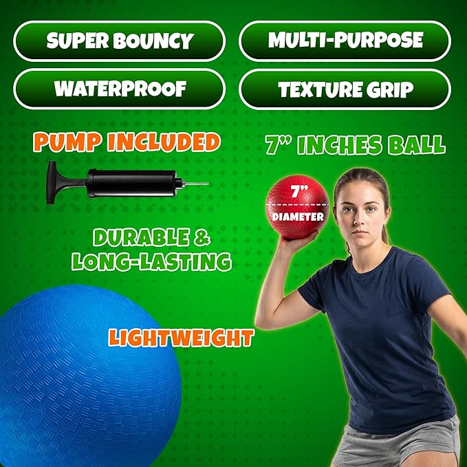7 Inch Red & Blue Dodgeball Set - (2-Pack) with Pump - Kickball Playground Balls for Kids - Indoor & Outdoor Gym Sports Balls for Dodgeball, Four Square, PE, Recess & Backyard Games