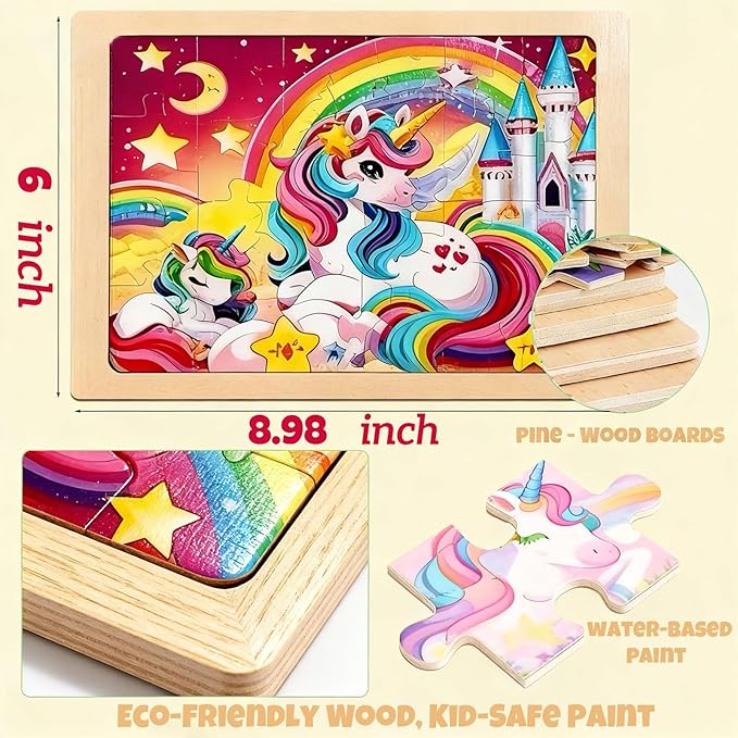 Wooden Puzzles for Kids Ages 3-5, Wood Jigsaw Puzzles, Unicorn Theme Educational Toys Birthday Gifts for Girls 3 4 5 6 7 8 9 Years Old (Unicorn 24 Pieces)