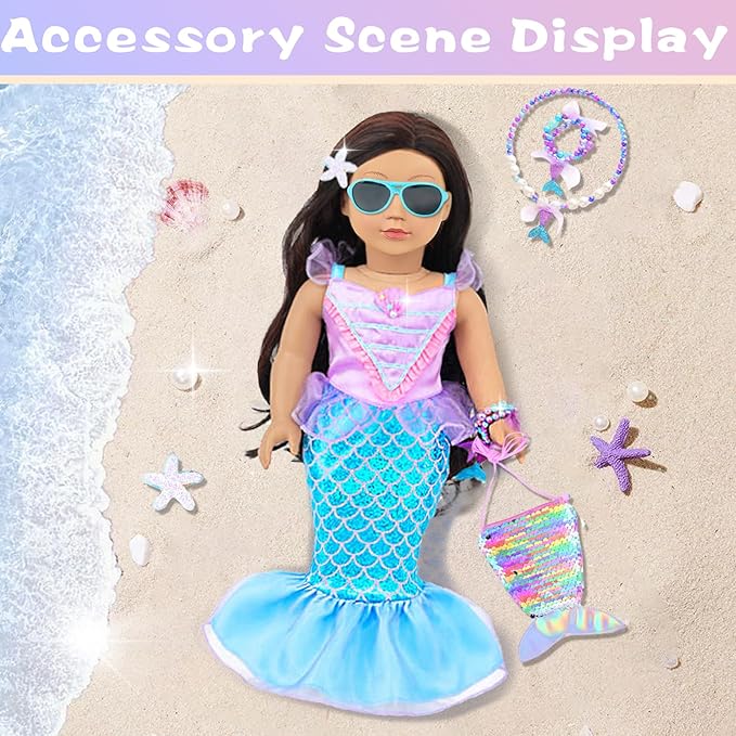 American 18 Inch Doll Makeup Accessories and Mermaid Clothes Set,Included 2 Pieces Clothes,Mermaid Messenger Bag,Starfish Hairpin,Lipstick,Necklace,Bracelet,Eye Shadow and Sticker(NO Doll and Shoes)