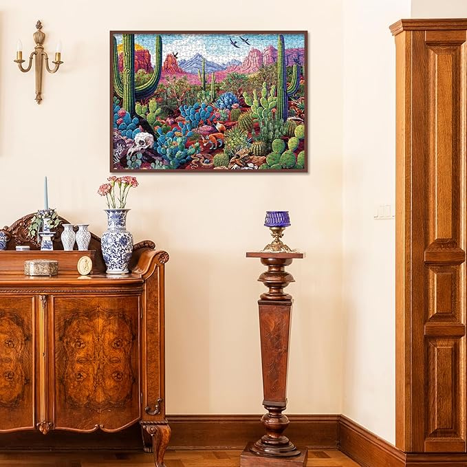Cactus Landscape Puzzles for Adults 1000 Pieces Nature, Beautiful Plant Desert Oasis Art Jigsaw Puzzles, Bird Flower Animal Painting Puzzle As Home Decor