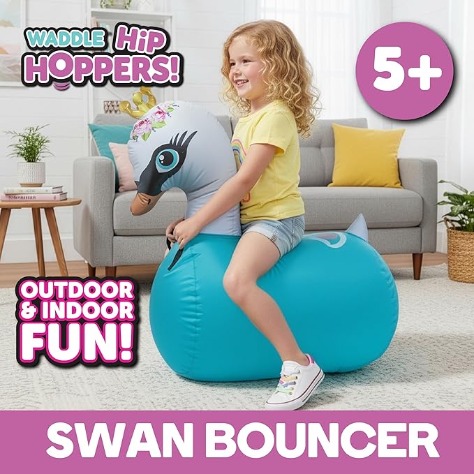 Waddle Hip Hoppers Large Bouncy Hopper - Inflatable Hopping Animal Bouncer Ride On Toys, Easy Grip, Stable Base, Outdoor & Indoor Animal Hopper Toy, Supports Up to 250 Lbs, Ages 5 and Up (Swan)