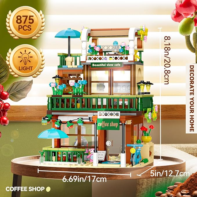 3 in 1 Street View Coffee Shop City Building Set, Compatible with City House Modular Simulation Architecture Construction Toy with LED Lights, Gift for Adults and Girls Kids Aged 8+(875 PCS)