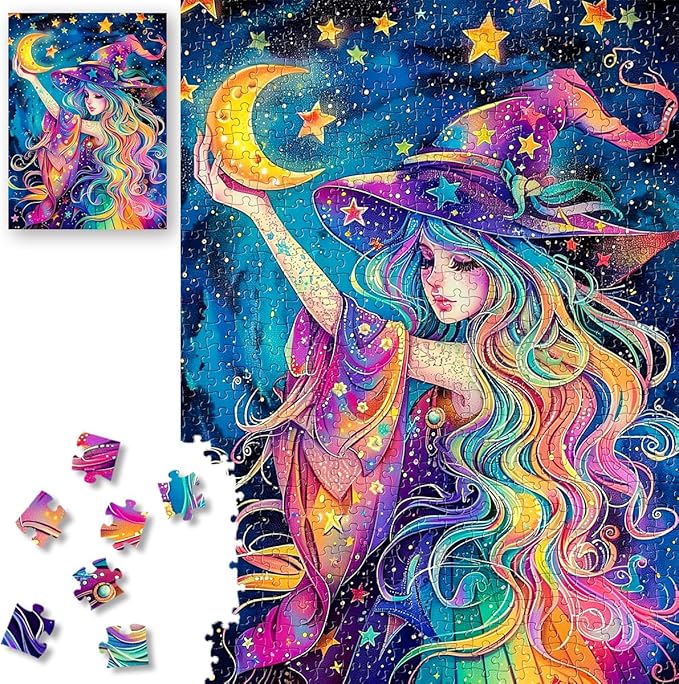 ROSE RAIN Premium 500 Pieces Jigsaw Puzzles for Adults with Letters on Back Dust-Free Thick HD Board Colorful Fantasy Witch Girl Moon Stars Art Mindfulness Educational Fun Gift