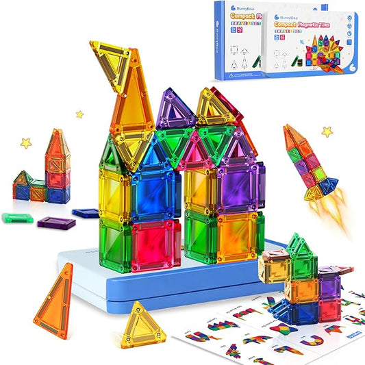 BunnyBoo Mini Magnetic Tiles, 42PCS Travel Magnetic Building Toys with Case, Educational Portable STEM Sensory Toys for Kids Ages 3+, Creativity Boosting Gift for Toddler Boys Girls Christmas Birthday