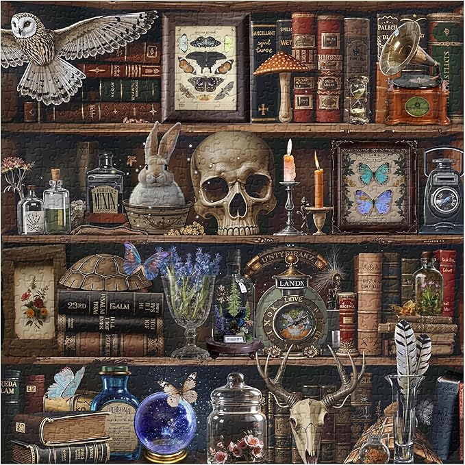 Bookshelf Puzzles for Adults 1000 Pieces, Vintage Gothic Library Jigsaw Puzzle, Magic Skulls, Books, Candles and Butterflies Puzzle