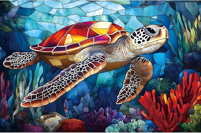 Sea Turtle Stained Glass Jigsaw Puzzle for Adults, 500 Piece Ocean Scene Puzzle, Relaxing Activity & Home Decor, Ideal for Marine Life Enthusiasts, Turtle Lovers