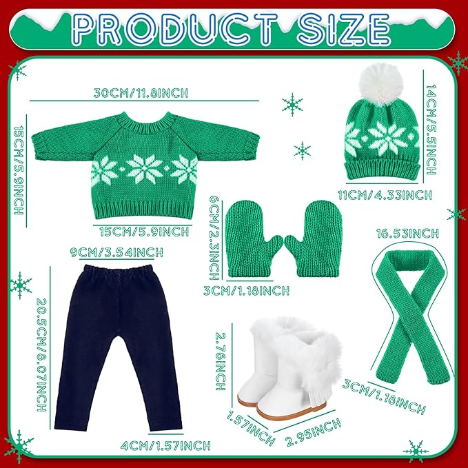 Bencailor 6 Pcs 18 Inch Christmas Doll Clothes and Accessories Winter Outfits Set Sweaters Trousers Hats Shoes Gloves for 18 Inch Doll Gifts(Green White)