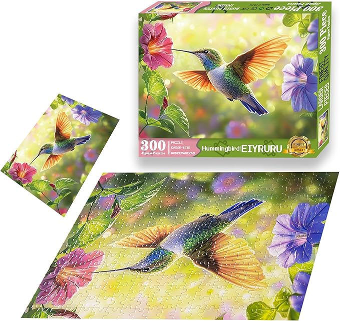 300 Pieces Puzzle for Adults, Spring Hummingbird Flowers Large Pieces Jigsaw Puzzle for Kids Adults, Recycled Paper, Glossy & Sturdy Pieces, Challenging Puzzle & Perfect Family Game, 20.5 x 15 in
