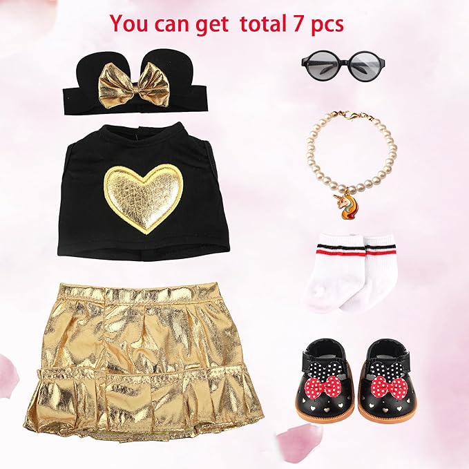 MSYO 18 Inch Doll Clothes and Accessories Set,Black Gold Heart Top & Metallic Gold Skirt Outfit with Mouse Ears Headband,Sunglasses,Socks,Shoes,Bracelet,Fits 16-18 Inch Baby Dolls(Gold)