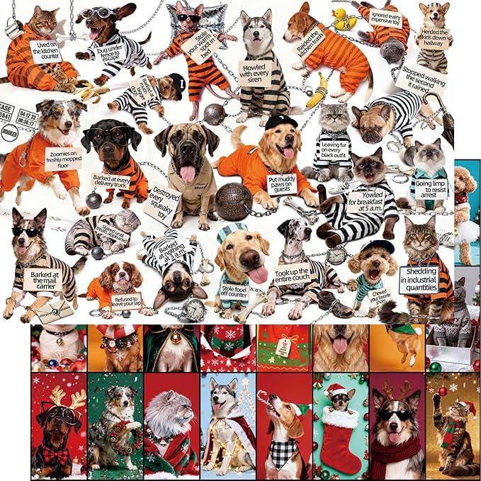 Double-Sided 1000-Piece Jigsaw Puzzle for Adults,DIY 24-Section Mystery Puzzle, Funny Jailhouse Dogs & Cats/Christmas Dress-Up Cats & Dogs, Challenging Family Fun, 27.6 x 19.7 in Hipazous