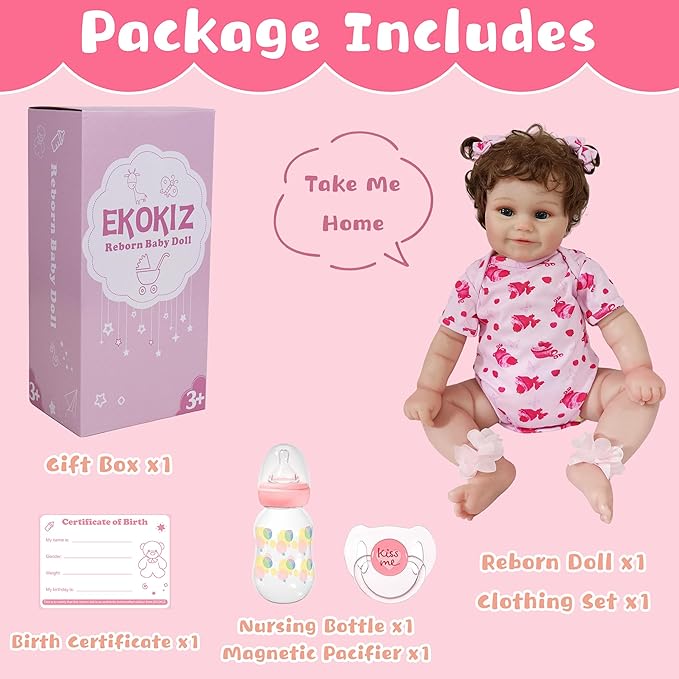 EKOKIZ Lifelike Reborn Baby Dolls Girl, 20-Inch Realistic Baby Doll with Hair Baby Doll That Looks Real Cloth Body Newborn Girl with Complete Accessories for Kids 3+, Lovely& Pretty Girls