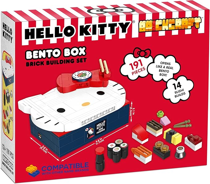 Brickcraft Officially Licensed Sanrio Hello Kitty Bento Box Building Set, 191-Piece Multicolored Brick Kit with Detailed Character Face and Mini Sushi Builds, Adorable for Fans Seasonal