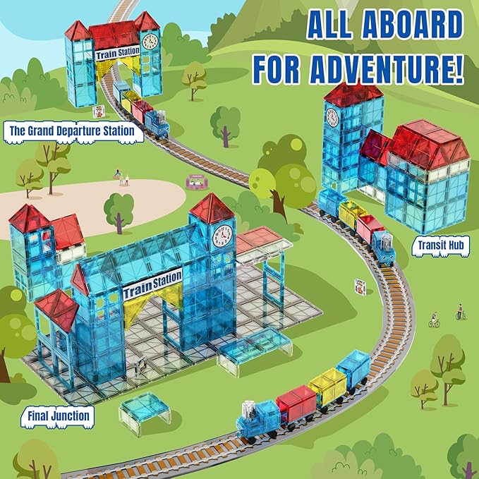 Magnetic Tiles Train Toys, Train Station Magnet Tiles for Kids Ages 4-8 with Magnetic Tiles Cars, Preschool Classroom Educations STEM Learning Montessori Toys Gifts for Toddler Boys and Girls