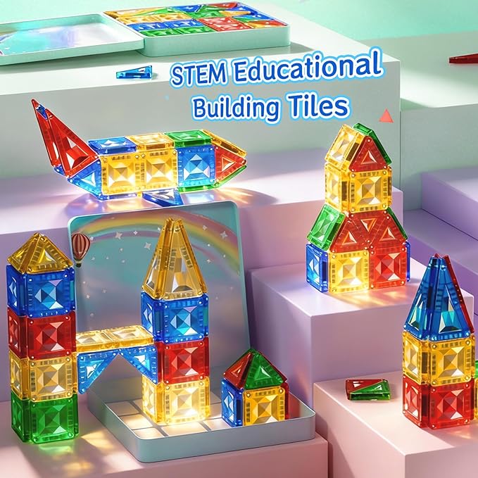 60pcs Mini Magnetic Tiles for Kids Ages 3-8,Travel Magnetic Building Blocks with Metal Storage Box, STEM Educational Toys, Montessori Sensory Learning Toys for Toddlers, Gift for Boys & Girls