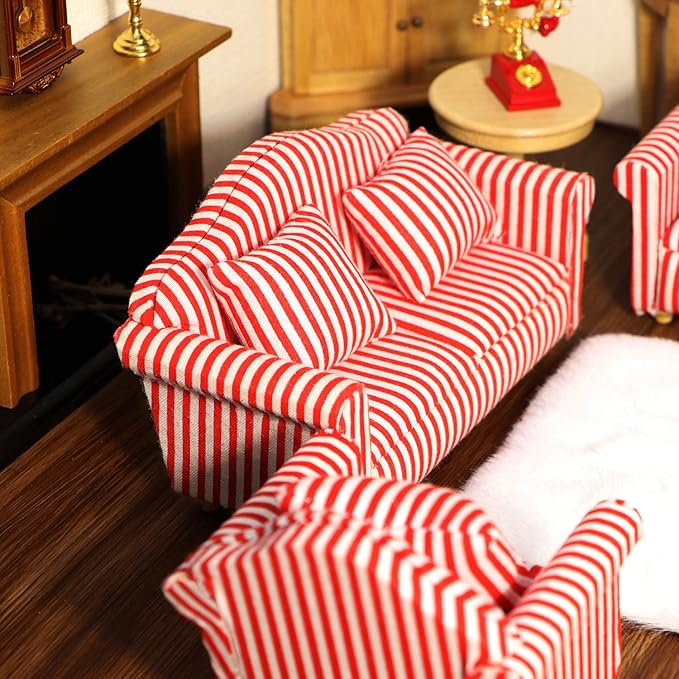 Dollhouse Couch Miniature Sofa with Pillows Dollhouse Living Room Funiture 1:12 Scale Model 3 Pcs High Simulation Upholstered Wooden Fabric Armchair Mini Room Artificial House Scene Decoration (Strip)