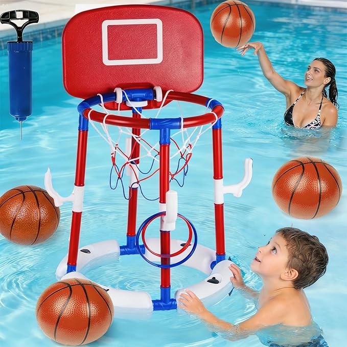 Taotuo Red Floating Pool Basketball Hoop with Backboard, 2-in-1 Basketball & Ring Toss Game with 4 Balls, 6 Rings&Pump, Summer Pool Toys Outdoor Water Fun Family Party for Age 3-12