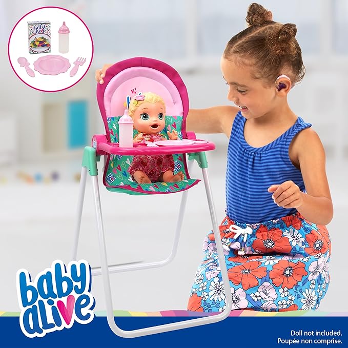 Baby Alive: Doll Highchair Set - Green, Pink, Hearts - for Dolls Up to 24", 5 Matching Feeding Accessories, Rotating Seat, Folding, Kids Toy Ages 3+