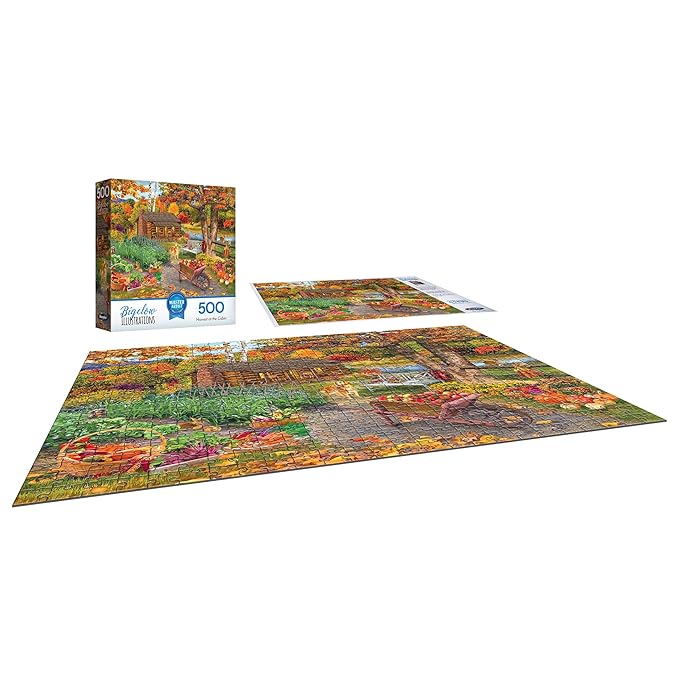RoseArt - Bigelow Illustrations - Harvest at The Cabin 500 Piece Jigsaw Puzzle - Autumn Scene Puzzle for Adults