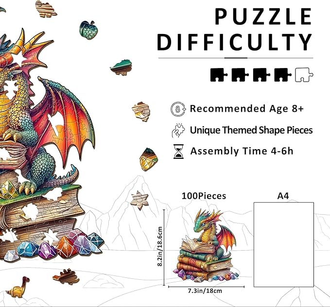 Wooden Puzzles for Adults - Reading Dragon Wood Puzzles Adult - Unique Animal Shape Wooden Jigsaw Puzzles for Adults - Birthday Gifts for Puzzle Lovers, Family (8.5 * 8.5in - 100 Pieces)