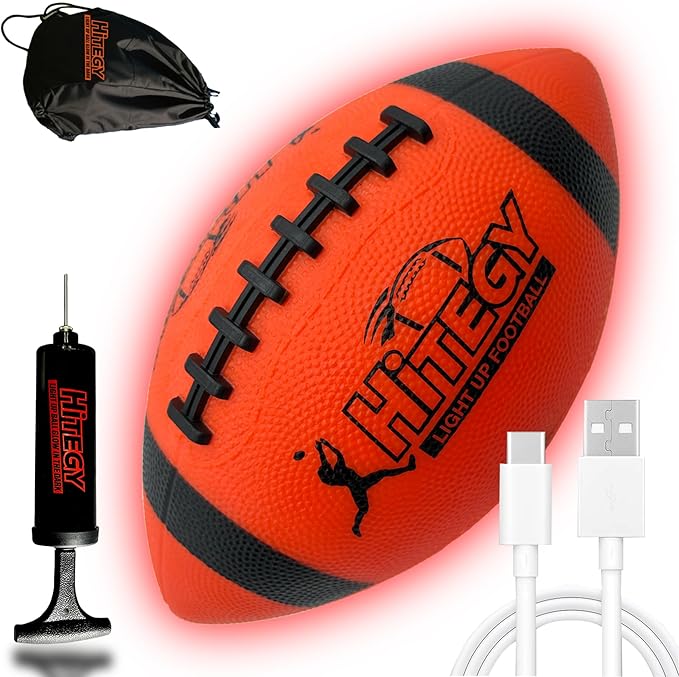 Glow in The Dark Football Light Up Football | USB-C Rechargeable LED Ball with Pump | Night Game Ball for Indoor & Outdoor Play | Gift Ready for Boys & Kids (with a Bag)