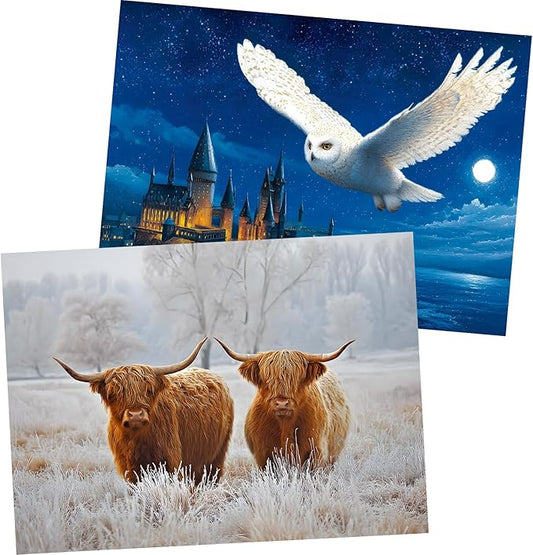 2 Pack 500 Pieces Puzzles for Adults,Yak Animal Jigsaw Puzzles 500 Pieces,Owl Castle Adult Puzzles for Adults 500 Pieces Puzzle with Letters on Back Colorful Challenging Puzzles Family Game Gift