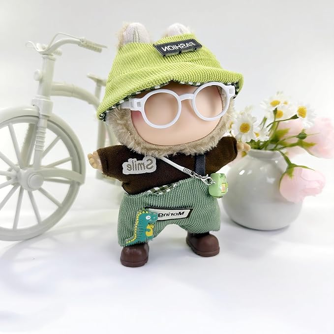 Stylish Adorable 17cm Dolls Clothes, 6PCS Doll Outfits Dress-Up with Hat + Top + Pants + Glasses + Shoes + Pendant Accessories (No Dolls)