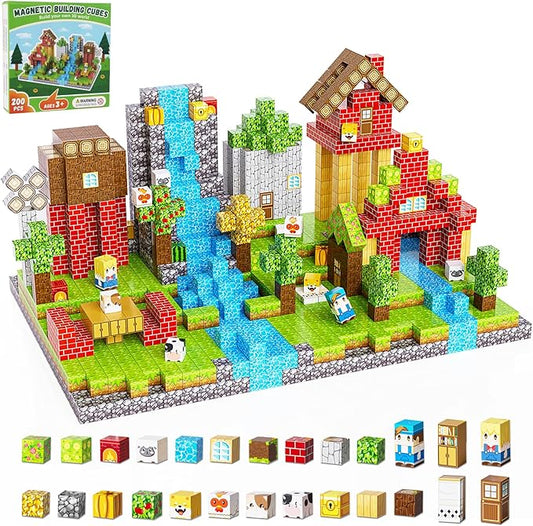 200PCS Magnetic Building Blocks Set, Magnetic Tiles Kids Build Cubes STEM Game Toys, Build Forest World Set, Christmas Birthday Gifts for Boys & Girls Age 3 4 5 6 7 8 9 10, 0.8 in Size