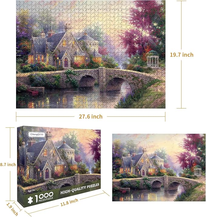 Jigsaw Puzzles for Adults 1000 Pieces Country House Puzzles Spring Landscape Puzzle Picturesque Bridge 1000 Piece Jigsaw Puzzle DIY Challenging Game Toys Gift