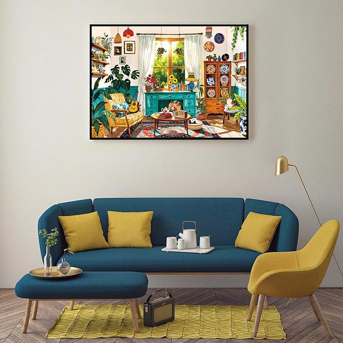1000 Piece Puzzles for Adults - Cozy Boho Living Room Scene - Jigsaw Puzzles for Adults 1000 Piece Challenging Paper Puzzle for Relaxation, Home Decor Plant Lover Gifts (27.5" x 19.7")
