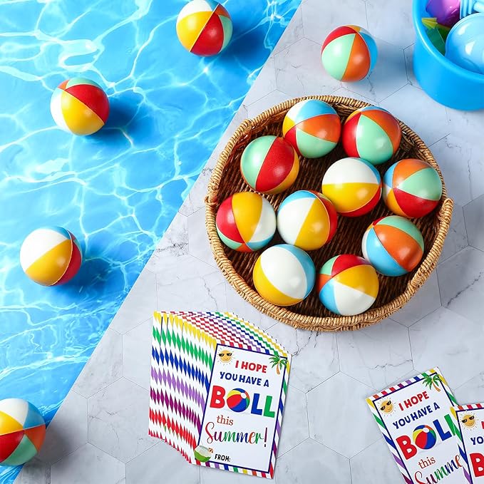 24 Sets End of Year Student Gift Small Beach Stress Balls 2.5 Inch Mini Relief Stress Swimming Pool Ball with Have a Ball Gift Card for Classroom Prizes Summer Holiday Party (Bright Color)