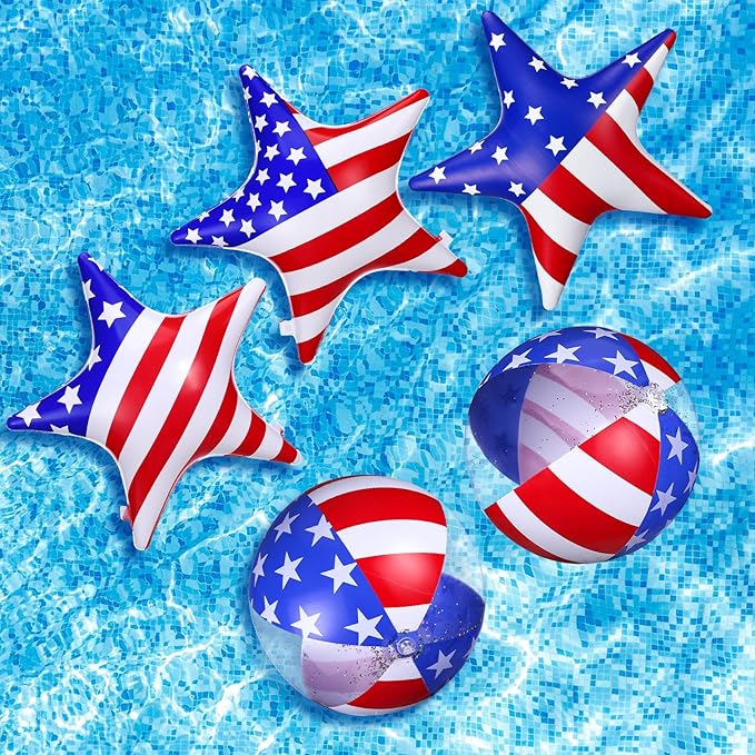 5 Pcs Inflatable 4th of July Pool Float USA 250th Anniversary American Flag Star Beach Balls Large 20'' Red White and Blue Inflatable Balls Independence Day Patriotic Decoration for Summer Pool